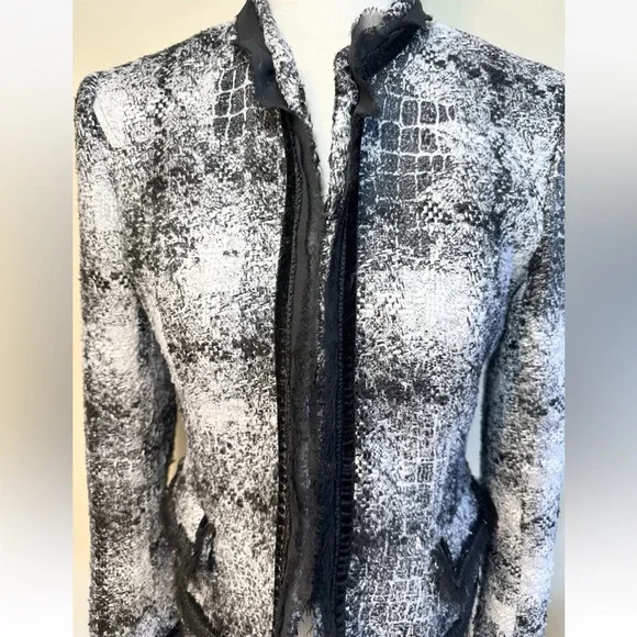 Cache' 6 Tweed Blazer Lined Clasp Closure Chiffon Trim Black White Silver Flat - Picture 2 of 11